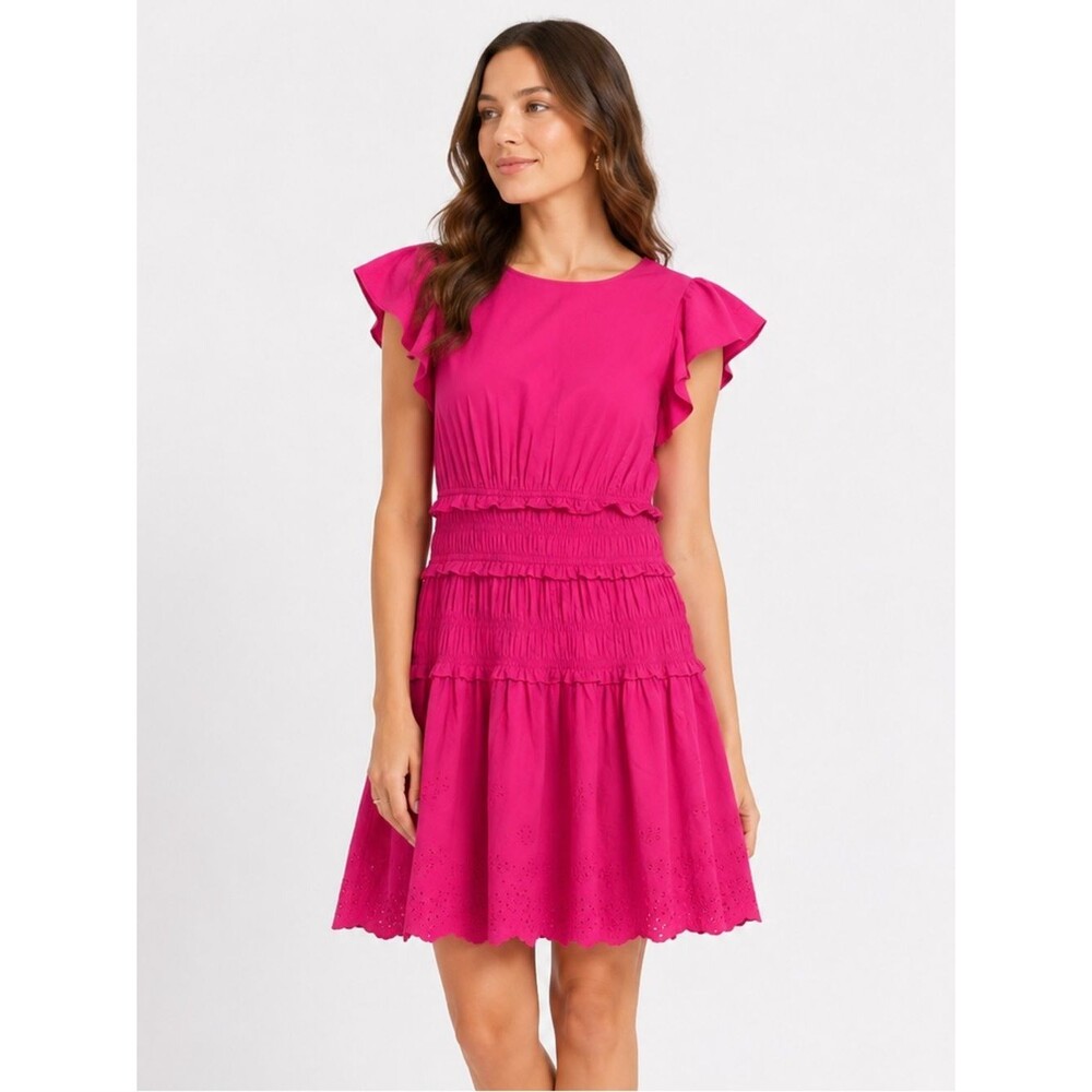 Eliza J Smocked Eyelet Hem Cotton Dress Flutter Sleeve Fit Flare Pink 14 NEW